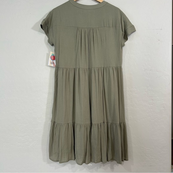 Mikarose Sage Green Tiered Midi Dress Large Rayon Short Sleeve Button Front NWT - Picture 8 of 9